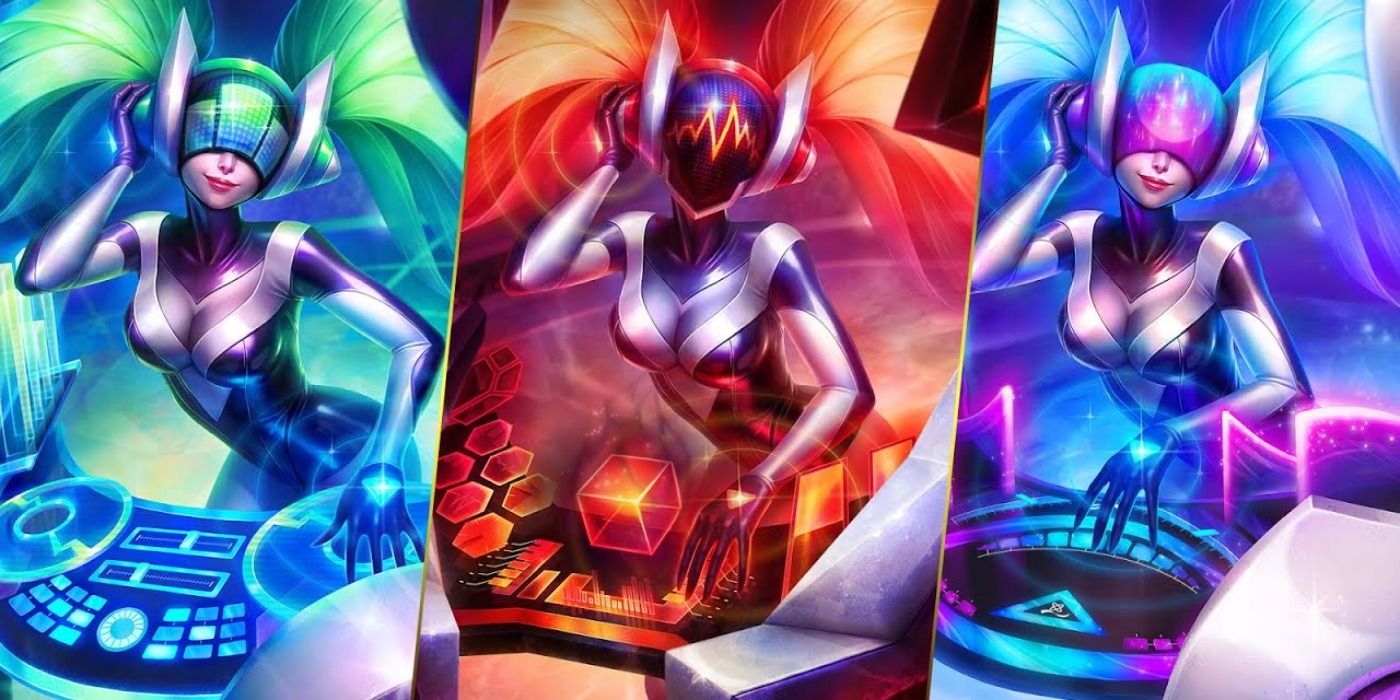 Capturas de tela divididas da skin definitiva da DJ Sona em League of Legends.