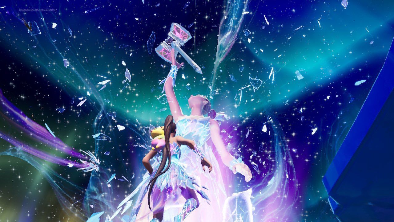 Ariana Grande erguendo o martelo no fortnite