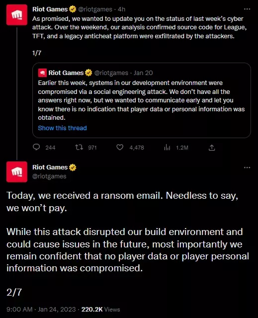 Tópico da Riot Games em resposta a hackers que roubaram o código-fonte e exigiram um resgate.