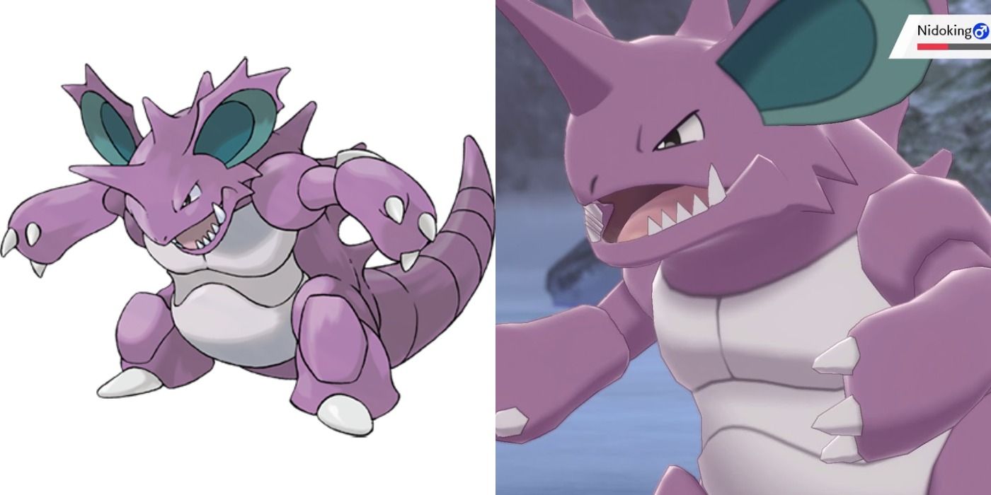 Imagem dividida da arte oficial de Nidoking e uma selvagem em Pokémon Sword and Shield
