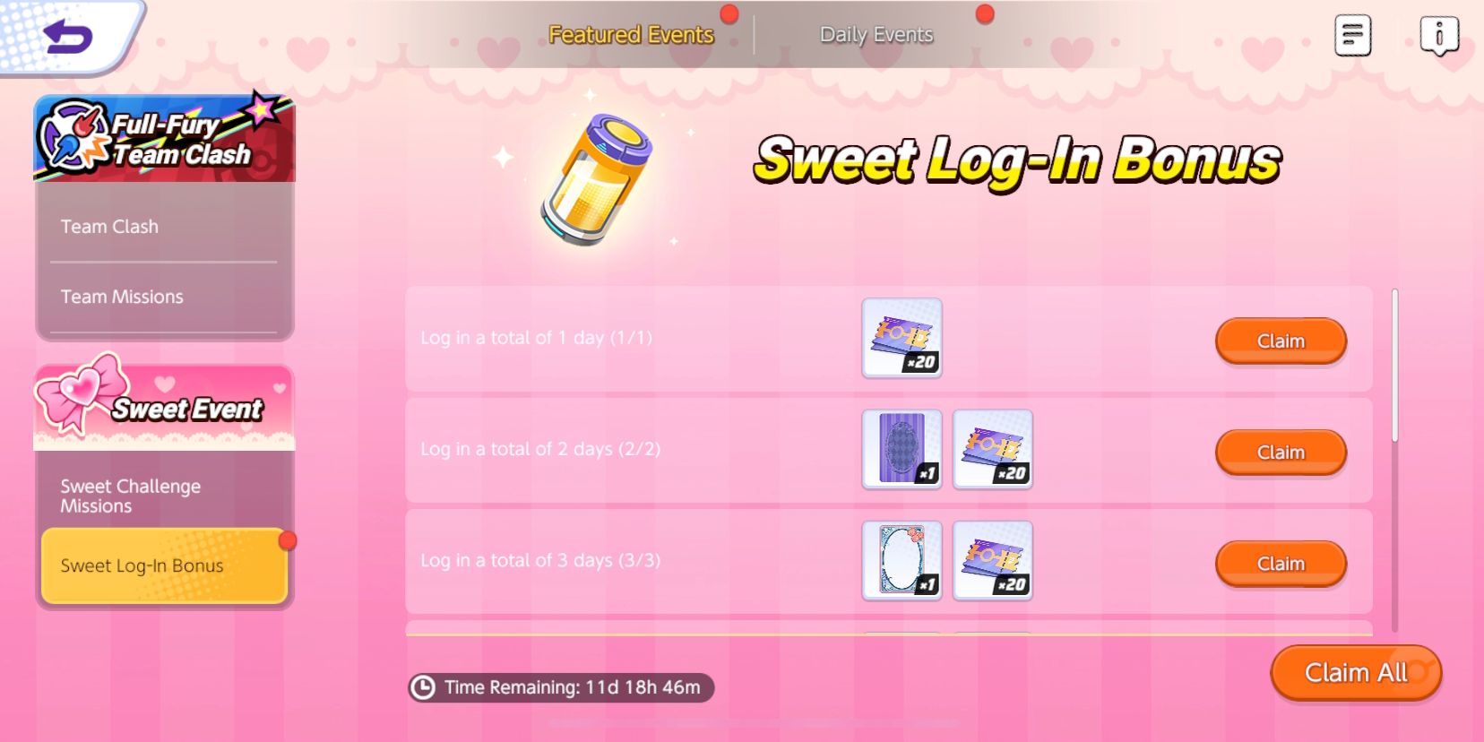 Tela de bônus de login do evento doce Pokemon Unite mostrando os desafios e recompensas do evento