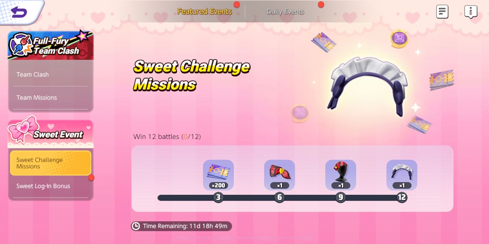A tela Sweet Event Challenge Missions do Pokemon Unite mostrando quatro recompensas de eventos diferentes