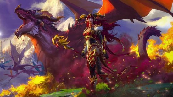 wow-dragonflight-alexstrasza-art-30-hours A arte de WoW Dragonflight Alexstrasza levou mais de 30 horas, diz a Blizzard A arte de WoW Dragonflight Alexstrasza levou mais de 30 horas, diz a Blizzard: Uma mulher dragão com chifres vermelhos curvos usando uma armadura vermelha e dourada reveladora fica na frente de um enorme dragão vermelho em uma área verde