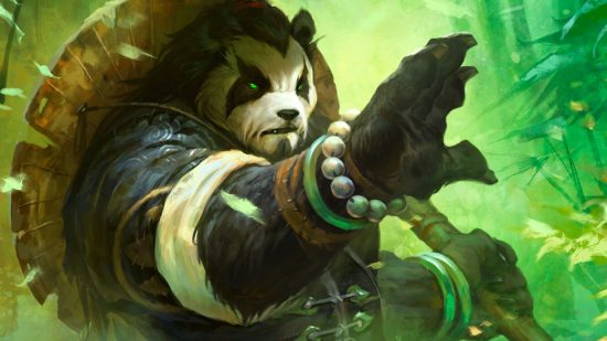 wow-dragonflight-tier-list-monk World of Warcraft: Um Monge Pandaren pronto para a batalha, seu chapéu de palha amarrado nas costas e um cajado de bambu na mão.