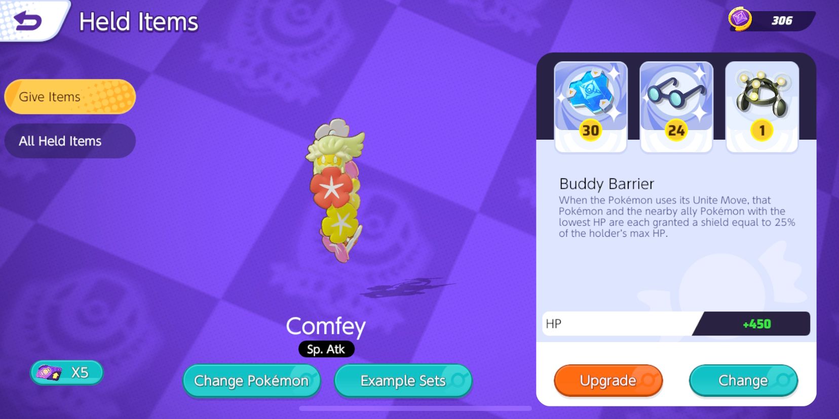 Tela de seleção de itens guardados da Comfey com Buddy Barrier, Wise Glasses e Exp.  Compartilhar selecionado