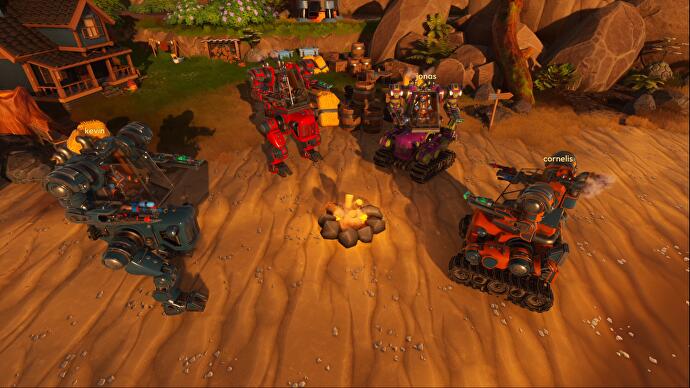Mechs Lightyear Frontier para quatro jogadores ao redor de uma fogueira