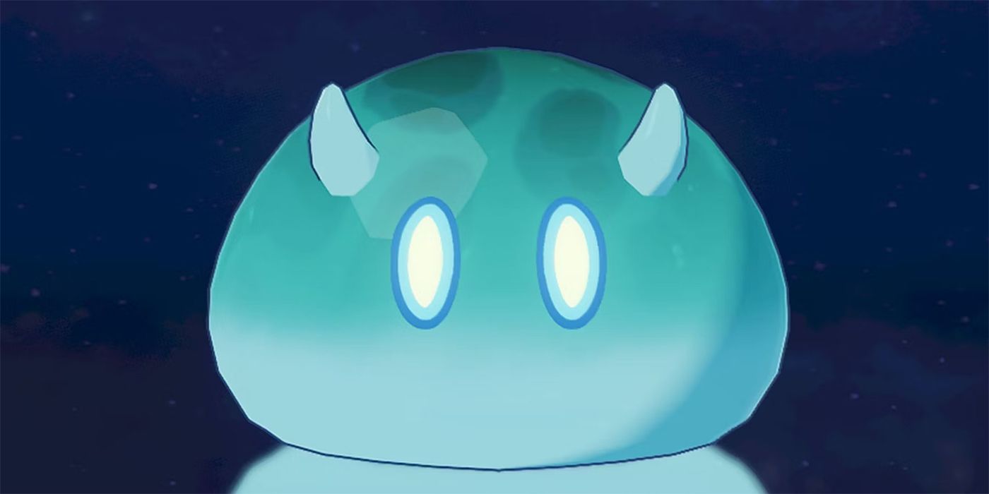 Genshin Impact Slime verde-azulado de perto 