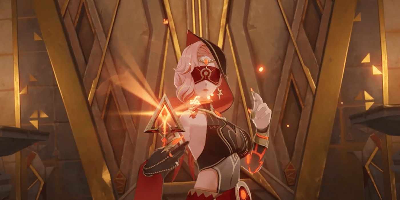 Genshin Impact New Eremite Enemy cria sigilo no ar em fundo dourado incrustado