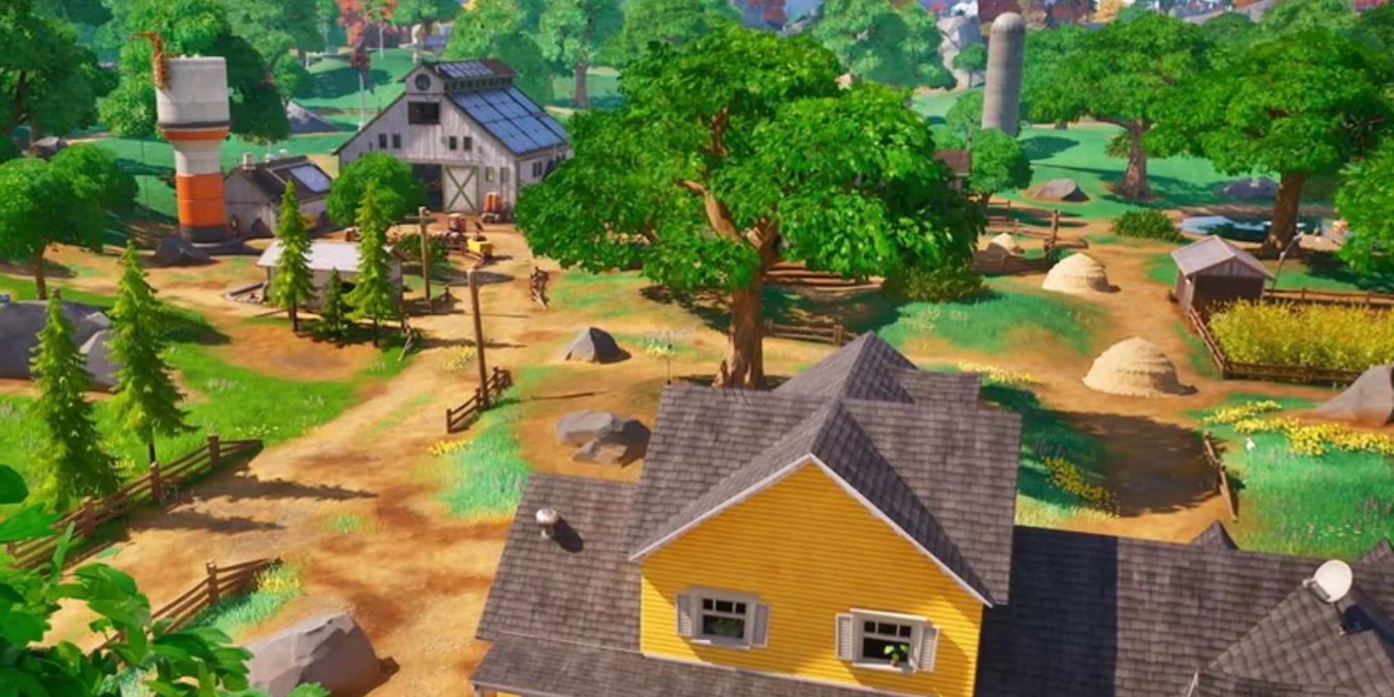 Um pitoresco e colorido celeiro e casa de fazenda em Fortnite Chapter 4 chamado Frenzy Fields.