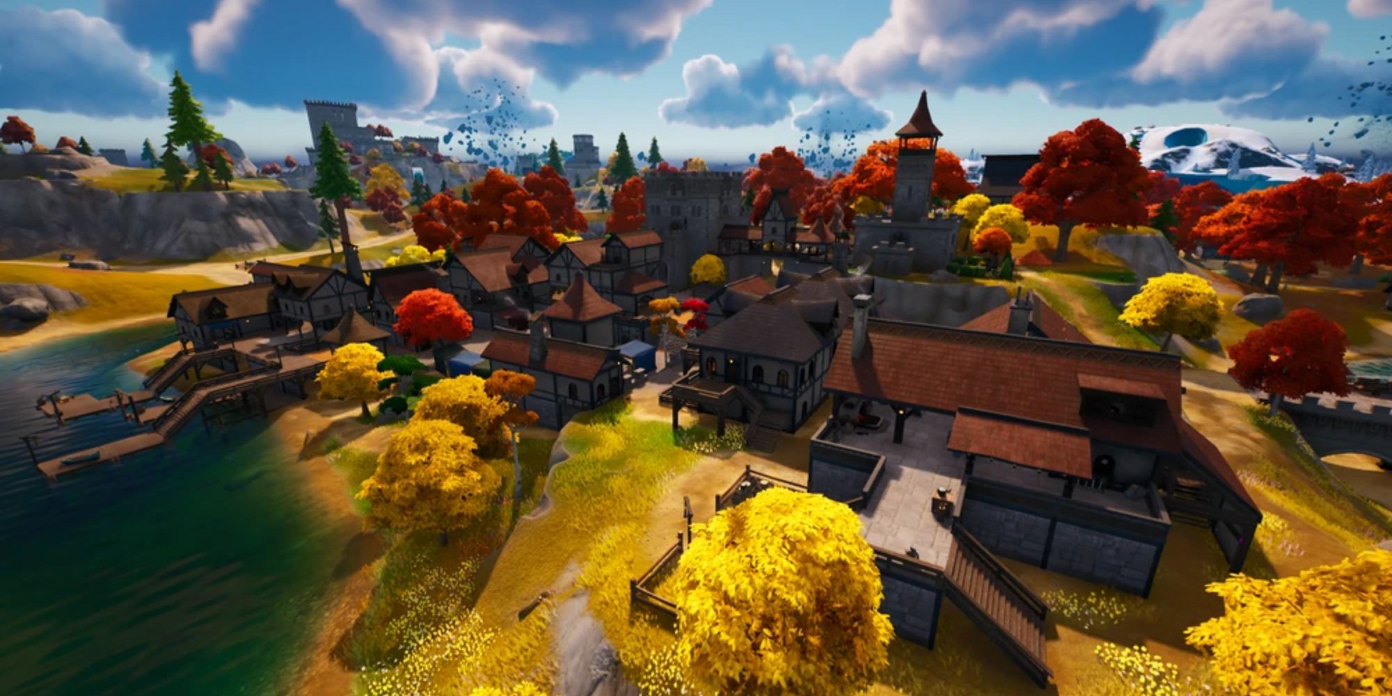 Um centro da cidade medieval em Fortnite Chapter 4 chamado Anvil Square