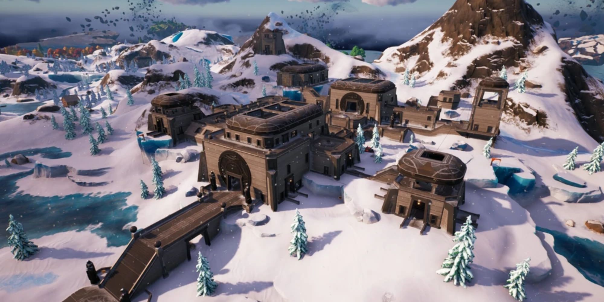 Uma fortaleza nevada em Fortnite Chapter 4 chamada Brutal Bastion
