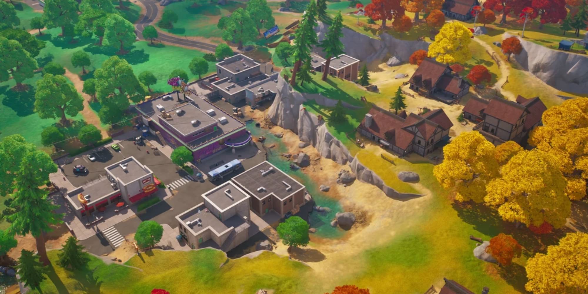 Uma cidade dividida em Fortnite Chapter 4 chamada Faulty Splits.  Metade desta cidade é moderna, enquanto a outra metade é medieval