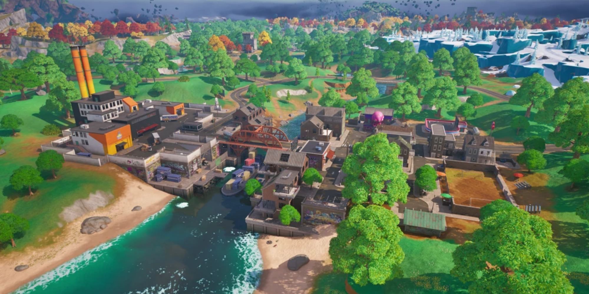 Uma cidade moderna no Capítulo 4 do Fortnite chamada Slappy Shores.  Metade desta cidade é residencial e a outra metade é uma fábrica industrial que produz suco de tapa.