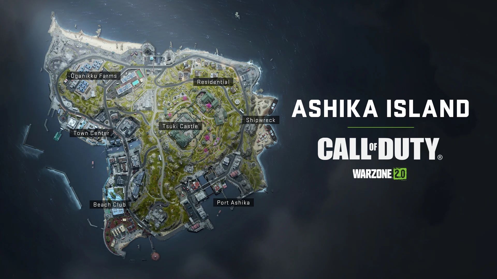 Warzone 2 Ashika Island Map com locais de pouso nomeados 