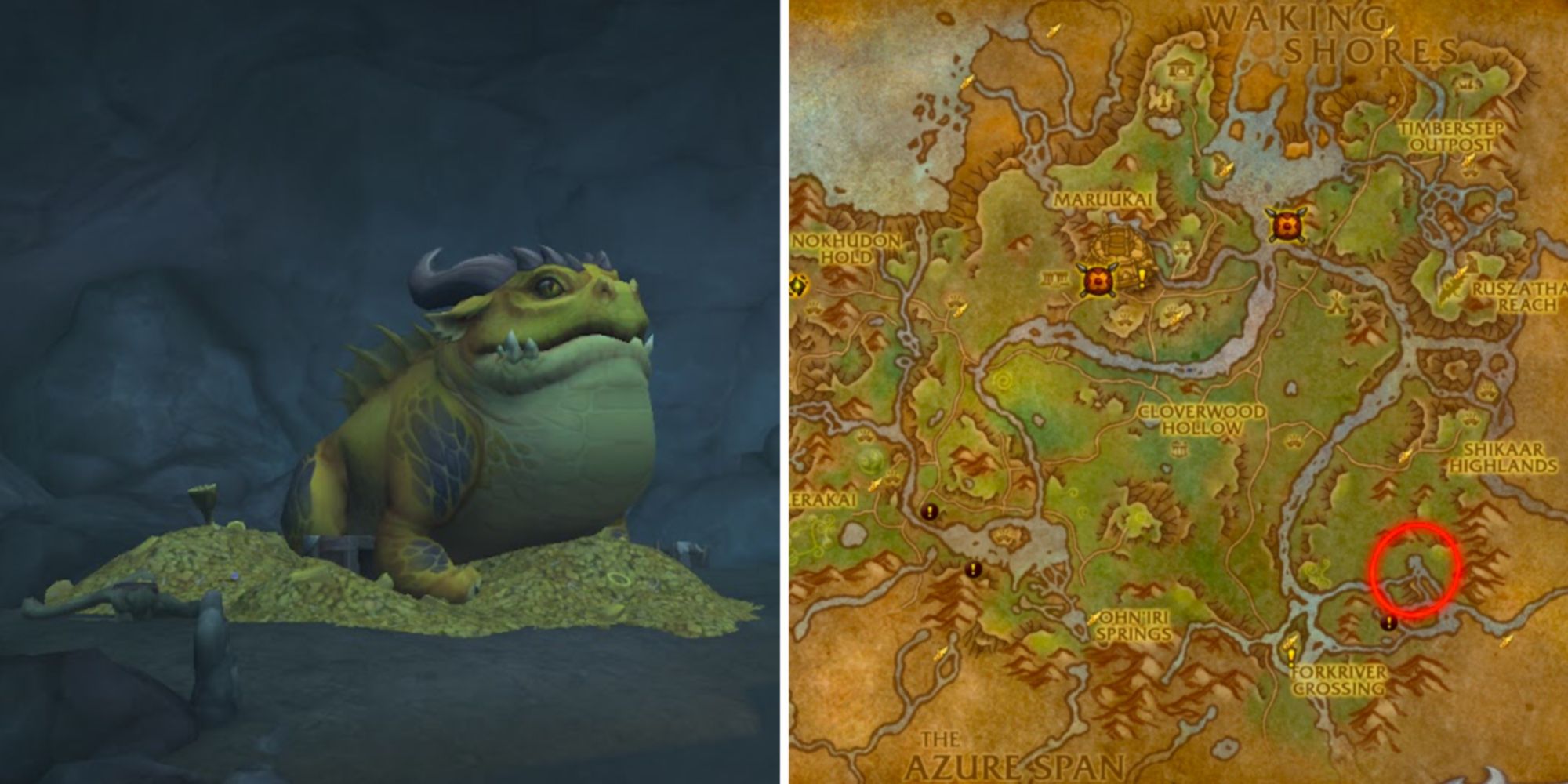 Imagem dividida do grande Swog e um mapa de sua localização
