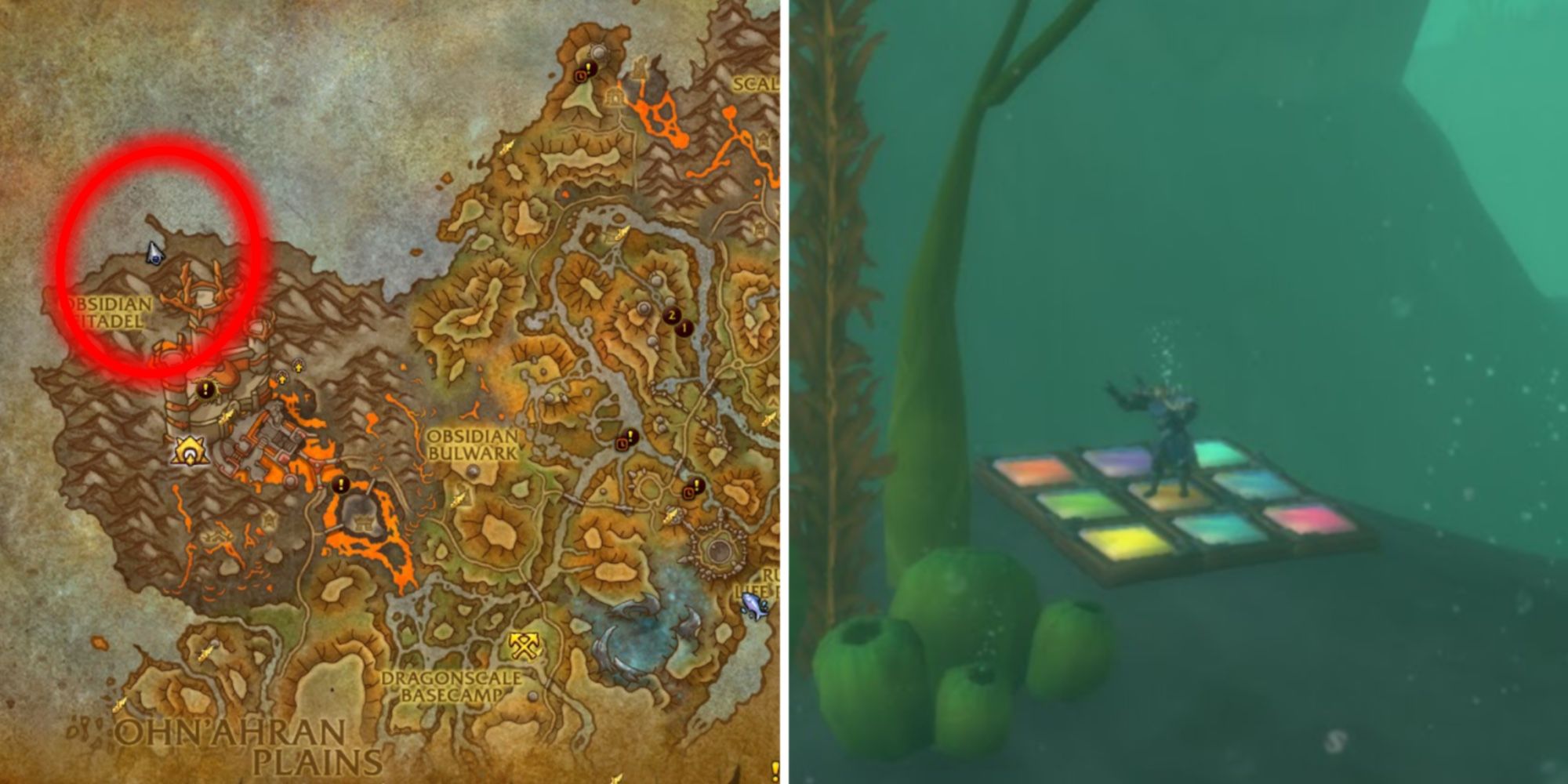 Imagem dividida de um jogador usando o tapete de dança subaquático e a localização do mapa