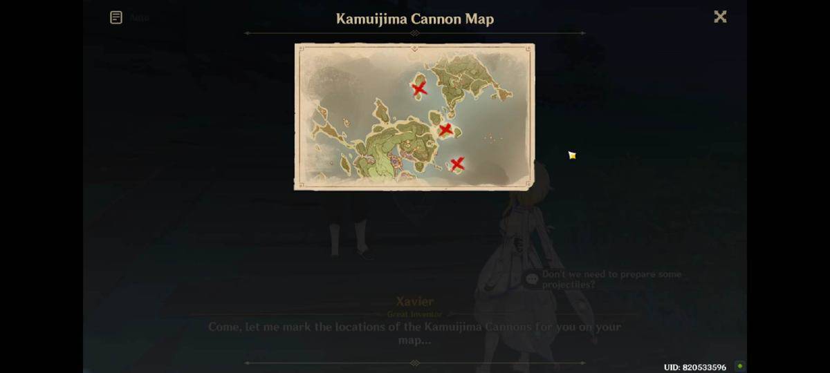Impacto genshin do mapa de canhão de Kamuijima