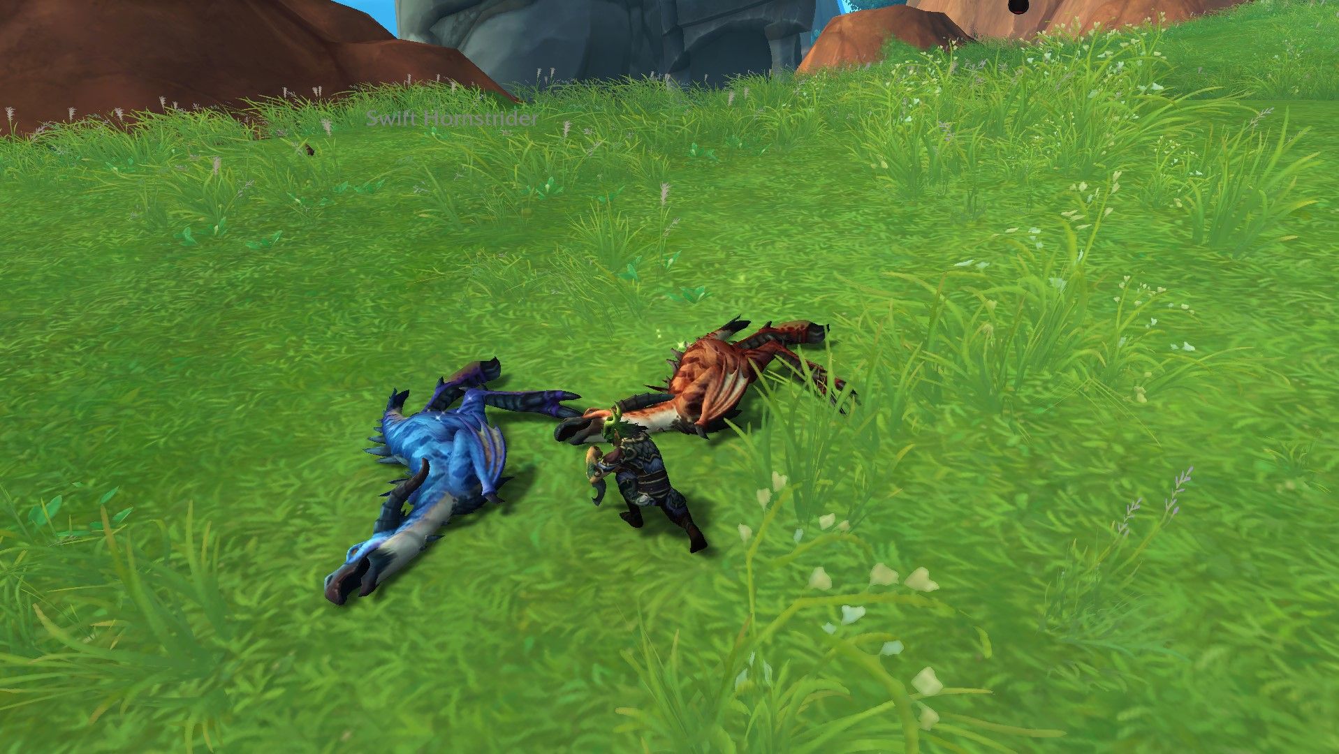 Um Skinner no processo de tirar escamas de Swift Hornstriders em World of Warcraft.
