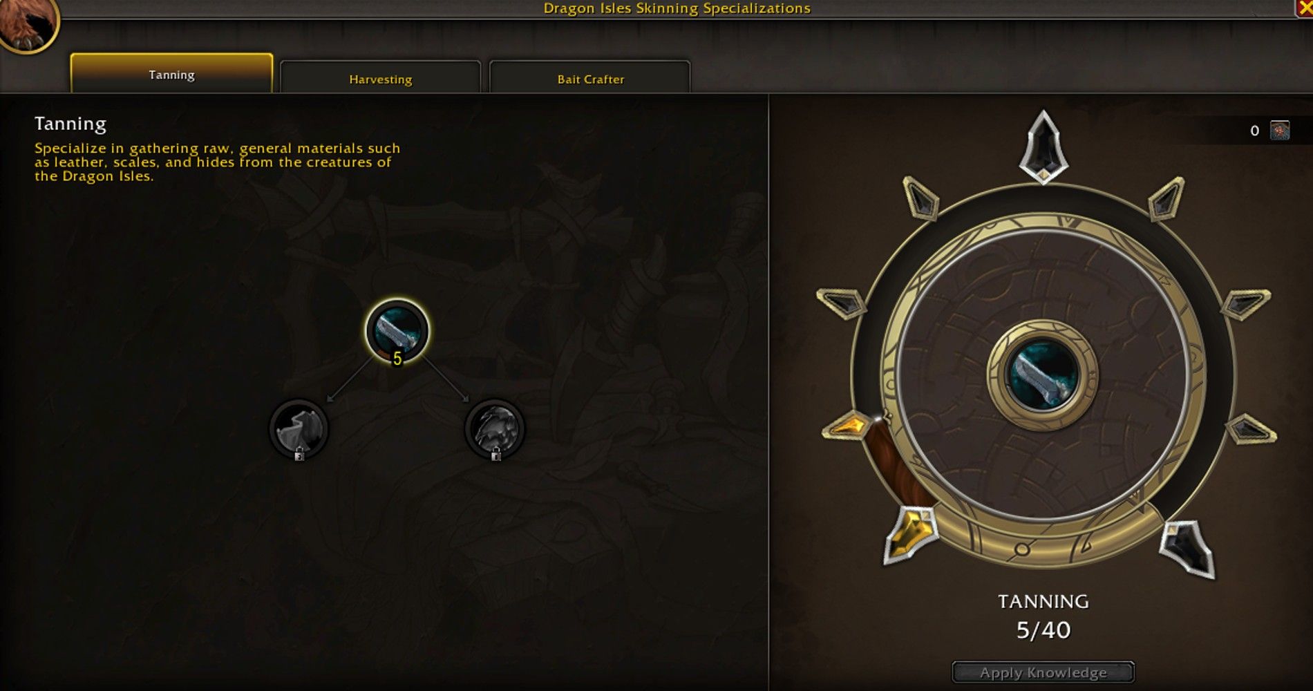 A especialização Tanning para Skinning em World of Warcraft.