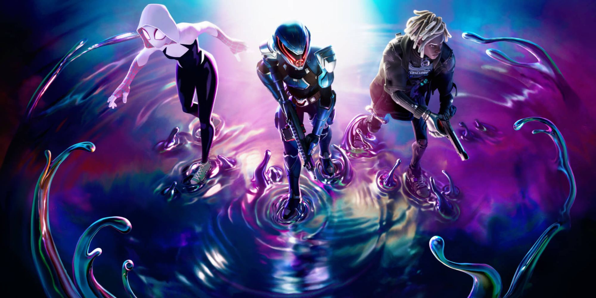 Spider-Gwen caminha ao lado de outros dois personagens de Fortnite em um lago ondulante