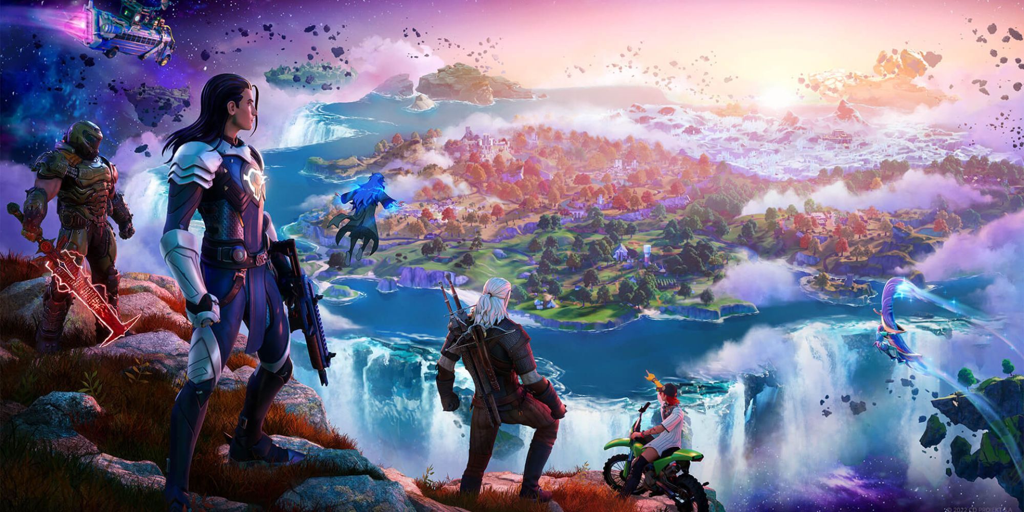 Geralt, Doom Slayer e outros personagens do Fortnite estão em um penhasco olhando para o mapa