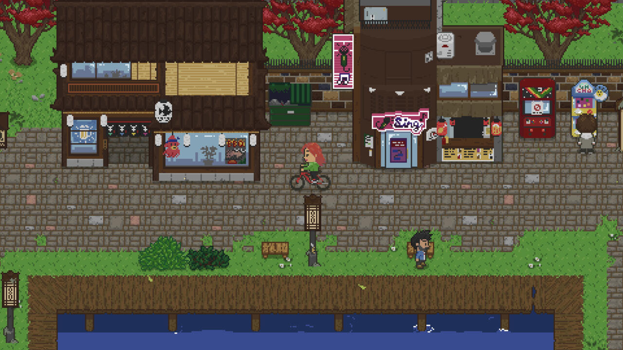 Uma visão da vila de pixel art em Spirittea.