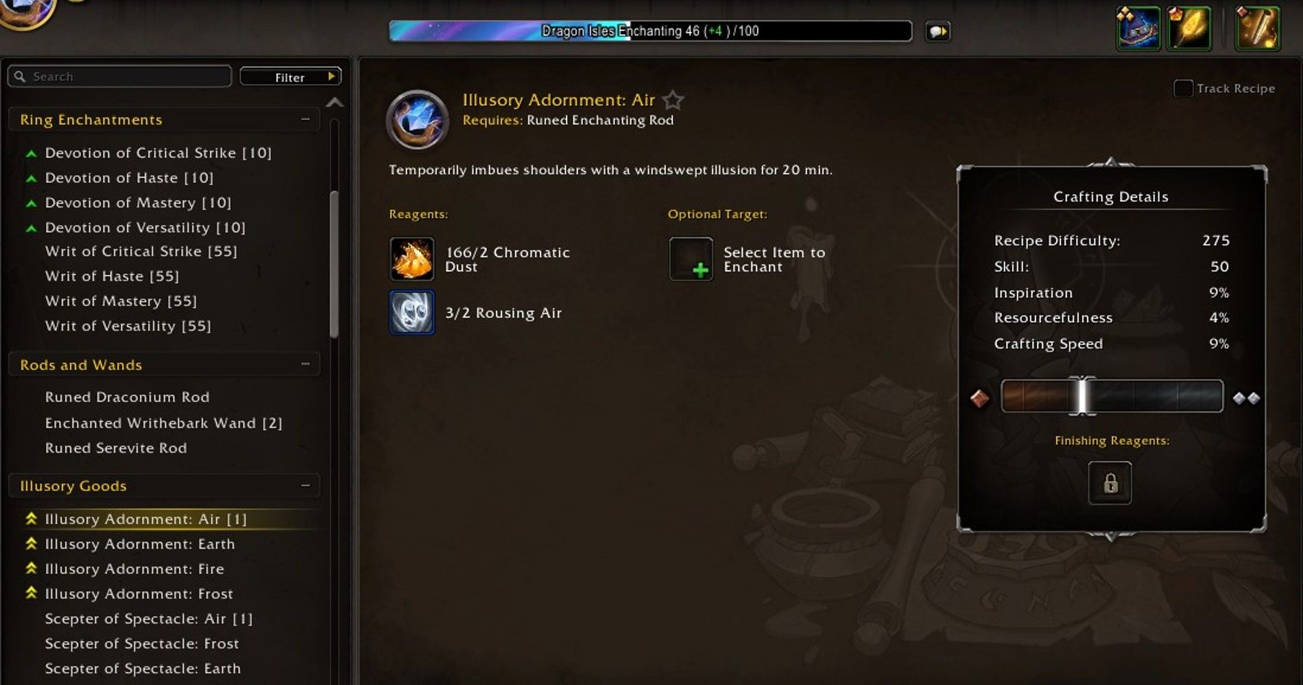 A tela de criação de Illusory Adornment: Air no nível 46 em World of Warcraft.