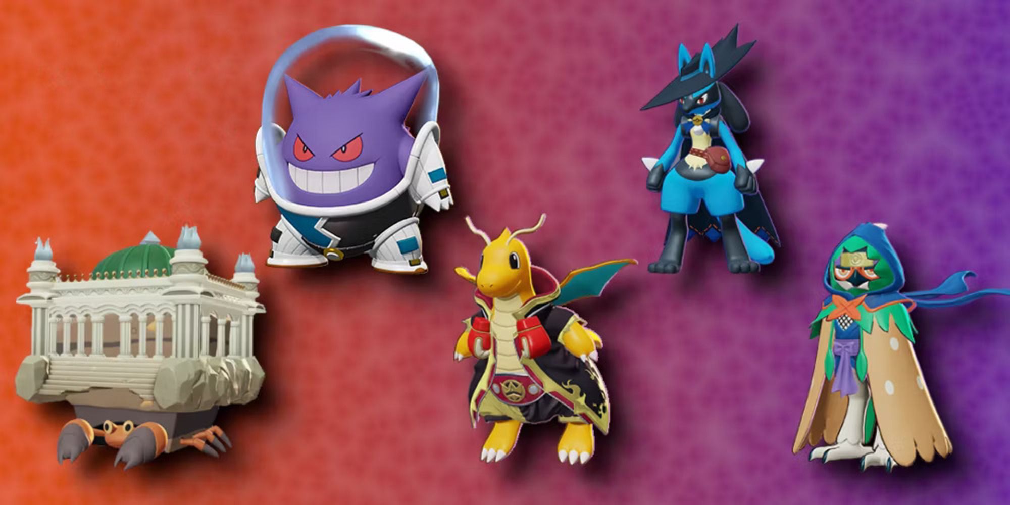 Crustle, Gengar, Dragonite, Lucario e Decidueye estão à vontade, exibindo suas peles Holowear especiais.