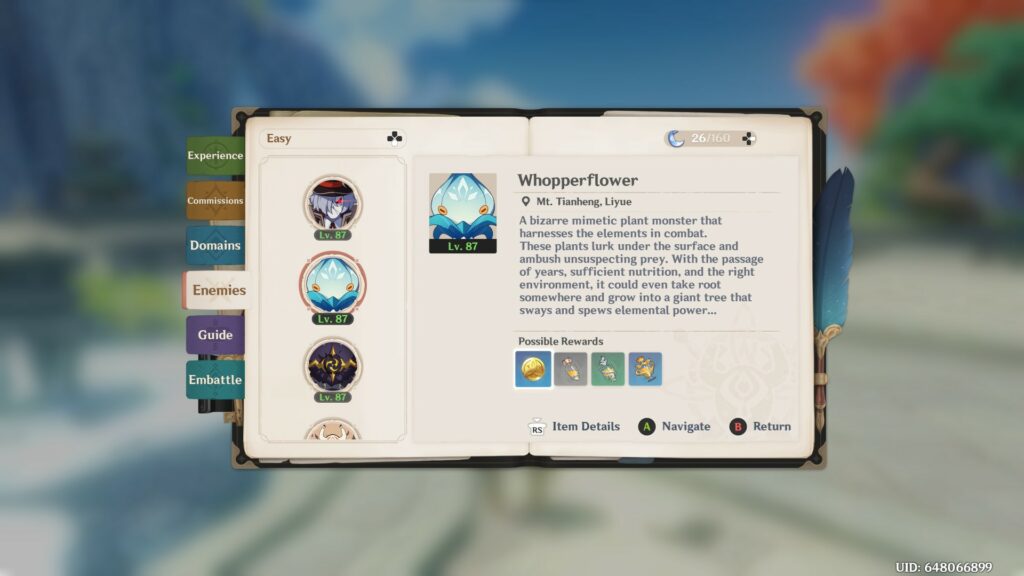 Genshin Impact - Materiais de Ascensão de Hu Tao - Whopperflower Adventurer Handbook