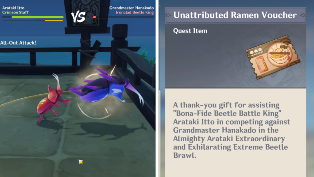 Derrotando o Ironclad Beetle King para ganhar o Unattributed Ramen Voucher no Genshin Impact