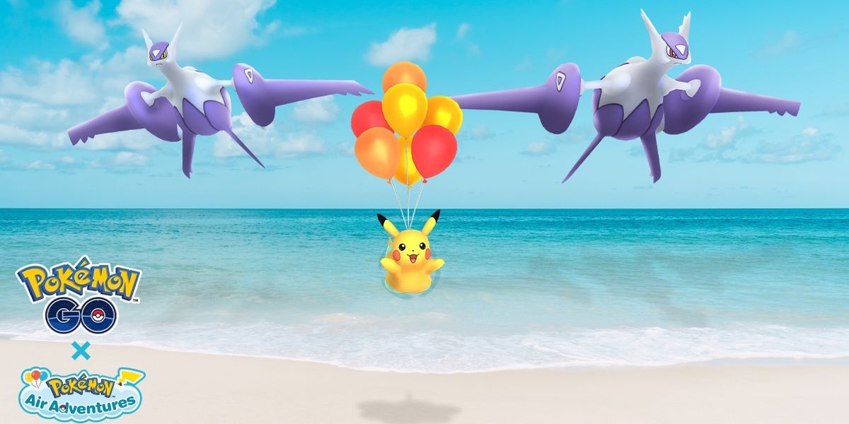 Mega Latias e Mega Latios no céu, com Pikachu no meio com balões presos