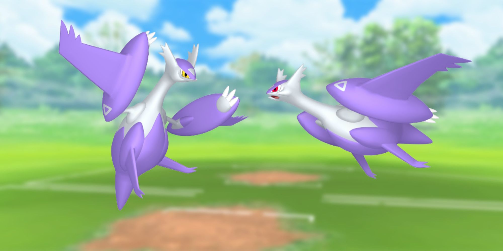 Mega Latios e Mega Latias de Pokémon, com o campo de batalha de Pokémon Go ao fundo