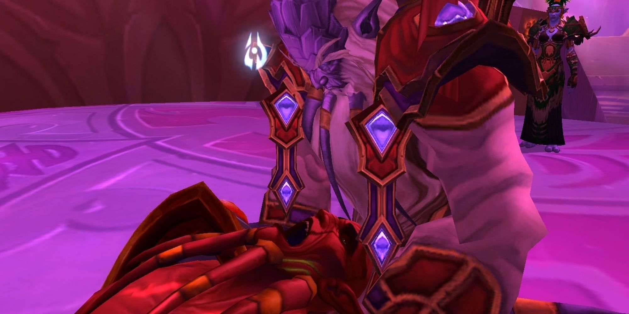 O profeta Velen segura seu filho General Rakeesh durante a Batalha pela Exodar em World of Warcraft