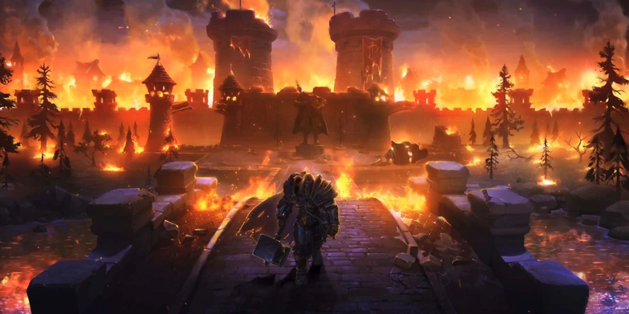 Arthas se afasta de Statholme após o expurgo enquanto o reino queima em World of Warcraft