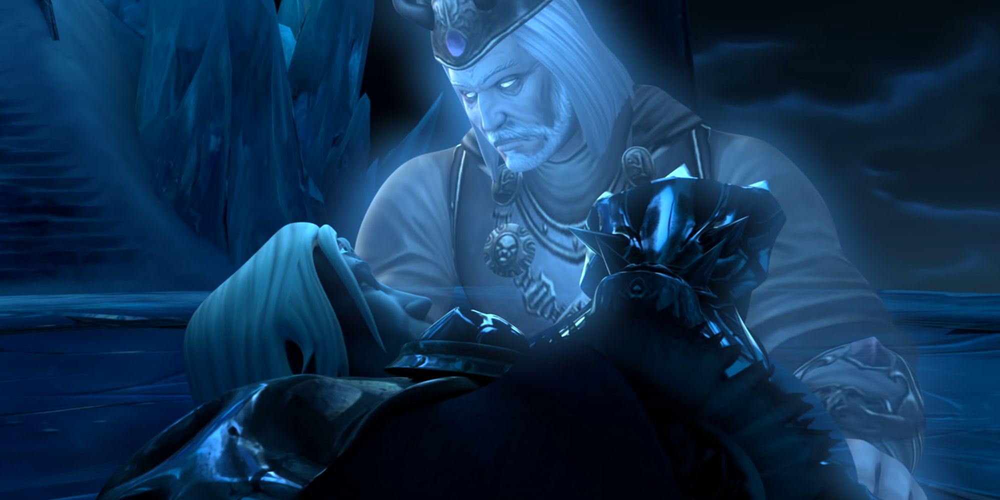 Arthas é consolado por seu pai, o rei Terenas Menethil, ao morrer em World of Warcraft