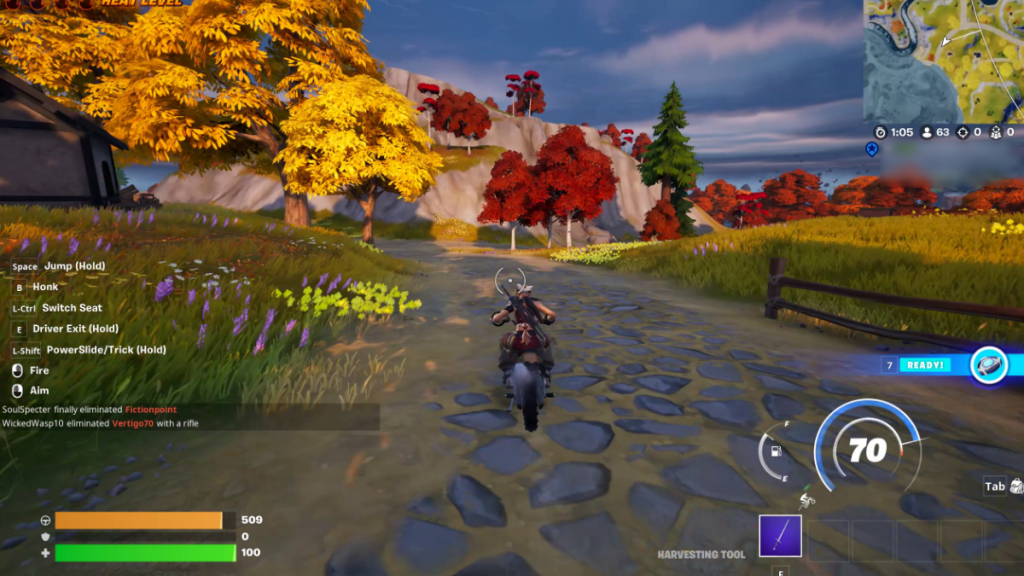 Atingindo 70 mph em uma moto em Fortnite
