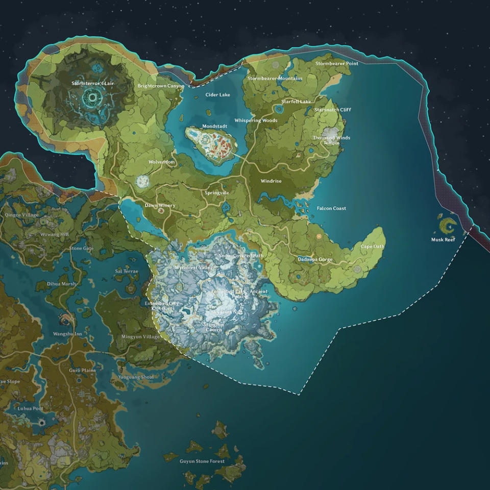 Um mapa da região de Mondstadt. Dornman Port está provavelmente localizado na área inexplorada ao norte, passando por Cider Lake e pelas Stormbearer Mountains. (Foto: HoYoverse)