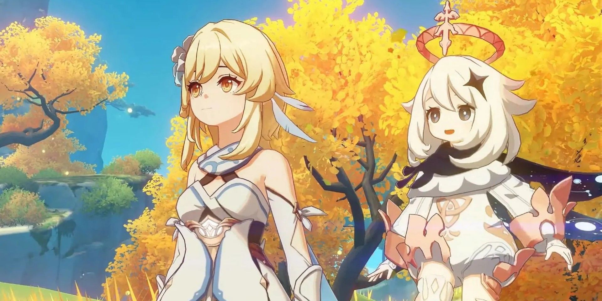 Genshin Impact's Lumine stands on the left and Paimon floats to the right. In the background is the Liyue landscape. There are trees with notable yellow leaves.