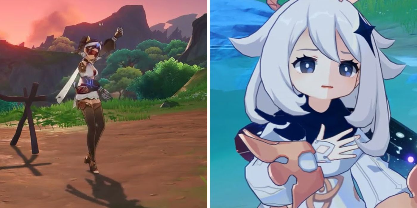 Dancing Eremite and Sad Paimon split image