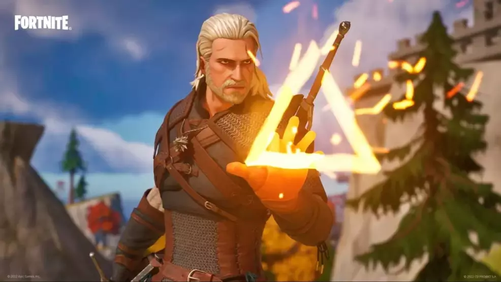 Geralt lançando o sinal Igni em Fortnite