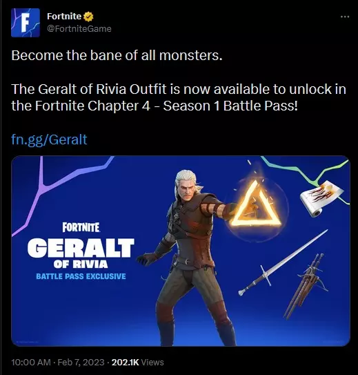 Tweet do Fortnite anunciando Geralt of Rivia chegando ao jogo.