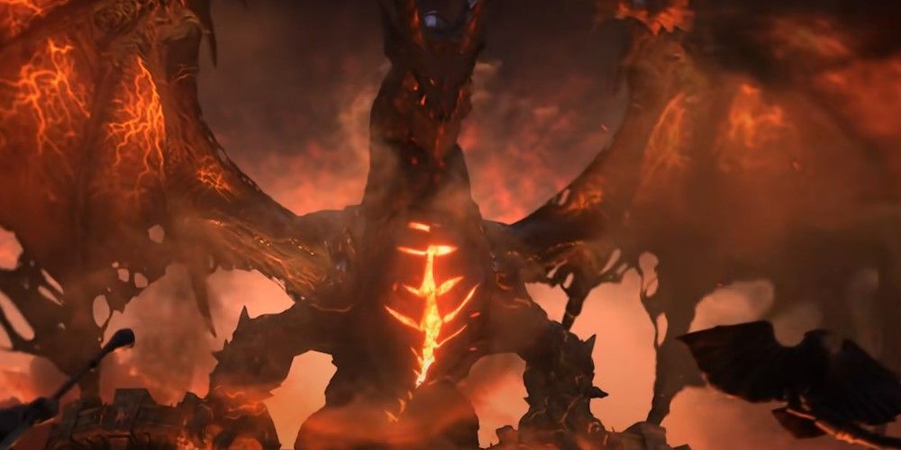 World of Warcraft Cataclysm, o dragão Deathwing no topo dos portões de Ventobravo