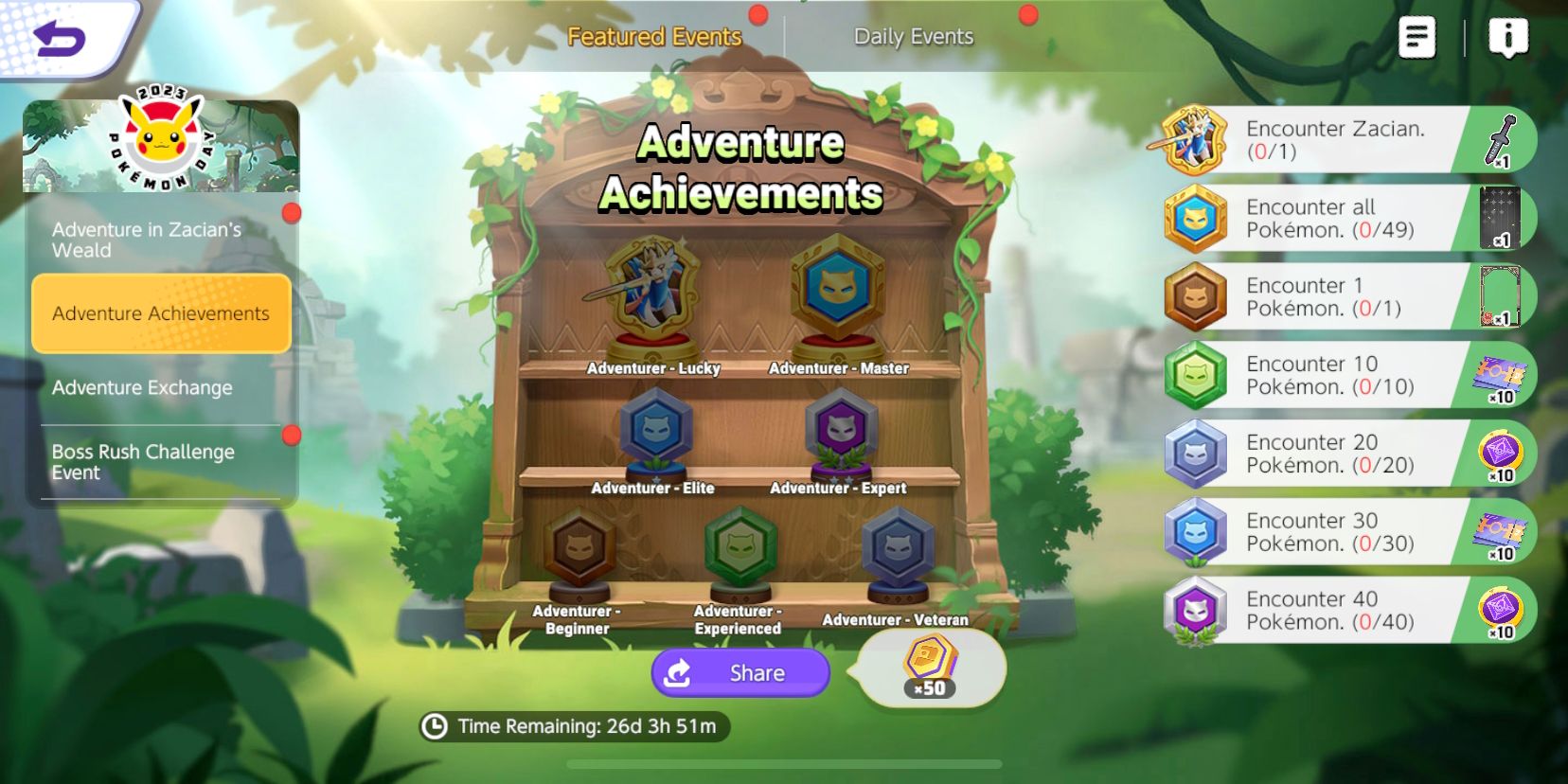 Página do evento Pokemon Unite Adventure Achievements mostrando todas as conquistas e recompensas