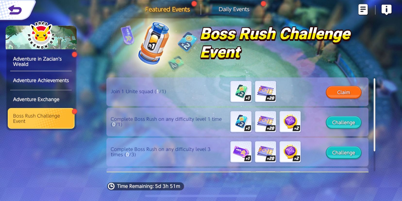 Tela do evento Pokemon Unite Boss Rush Challenge mostrando os desafios e recompensas do evento