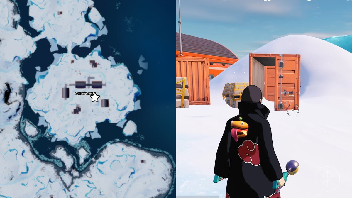 Localização do contêiner de armazenamento do Lonely Labs para a missão Encrypted Ciphers em Fortnite representada por um mapa e uma captura de tela do jogo de Itachi Uchiha na área.