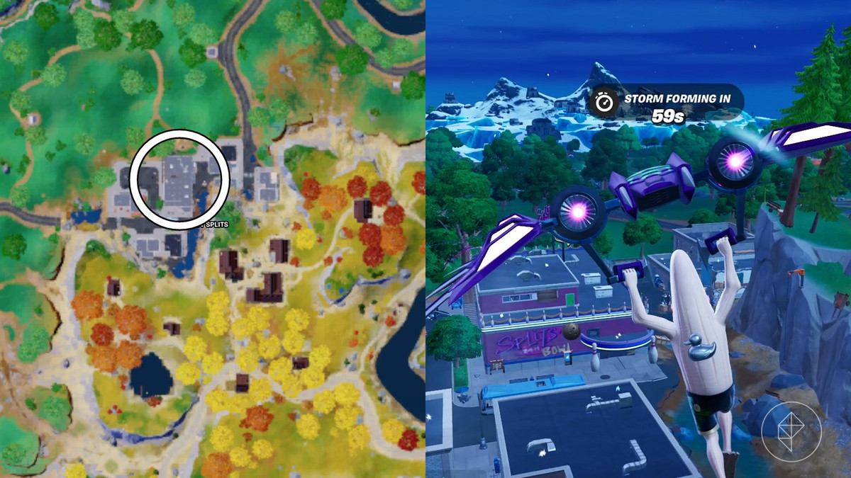 Mapa mostrando a localização do Splits Bowl no Fortnite junto com uma imagem do prédio e uma banana com casca.