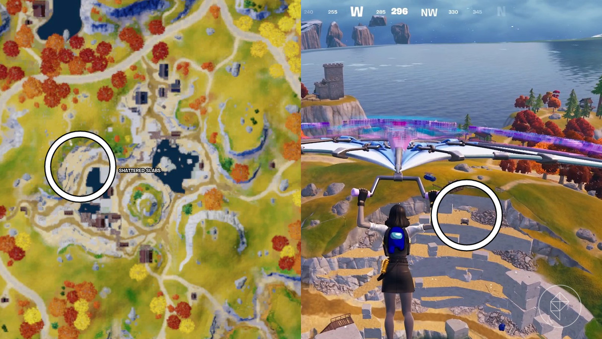 Mapa mostrando uma área de Shattered Slabs em Fortnite junto com uma captura de tela do jogo do local. Amogus. Azul Entre Nós.