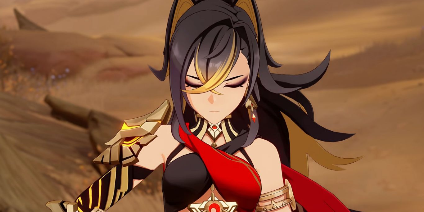 Genshin Impact Dehya olhando para baixo no deserto