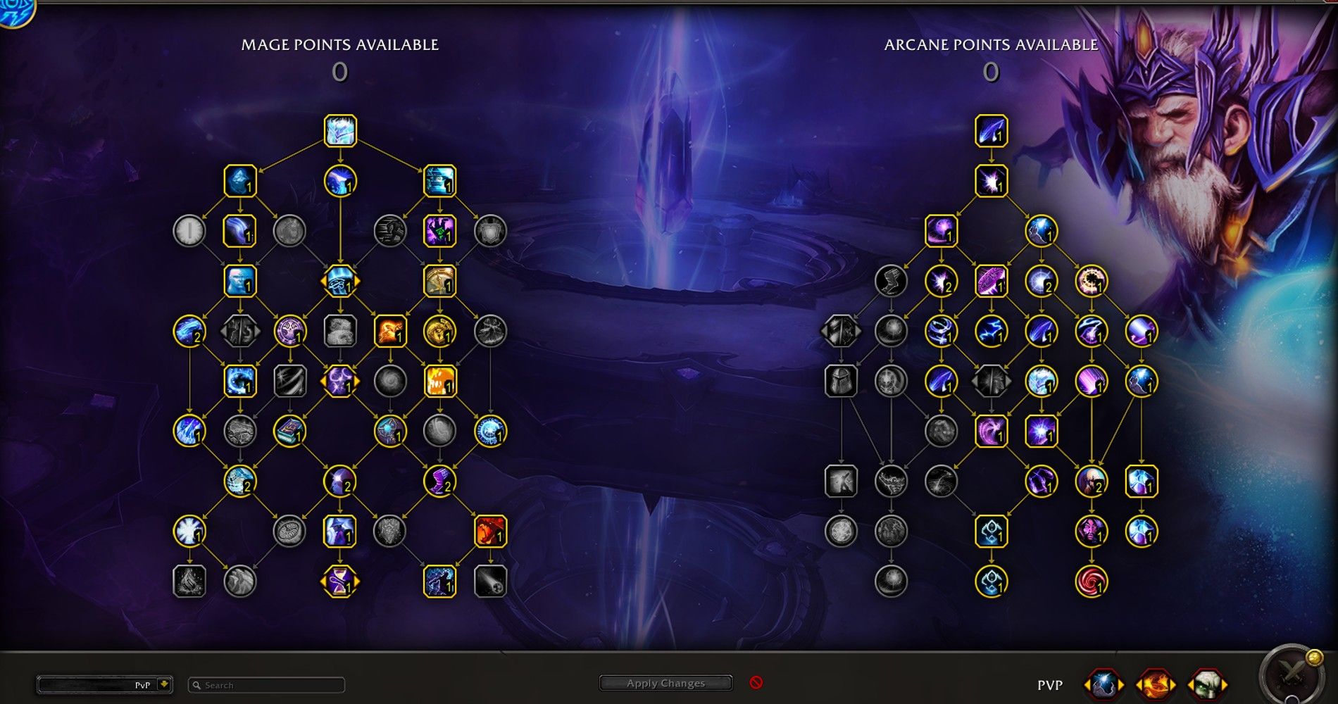 A árvore de talentos PvP para Arcane Mage em World of Warcraft.