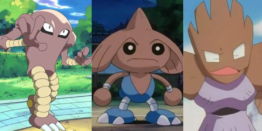 Hitmonlee em um parque Hitmontop em um estádio e Hitmonchan de Pokemon